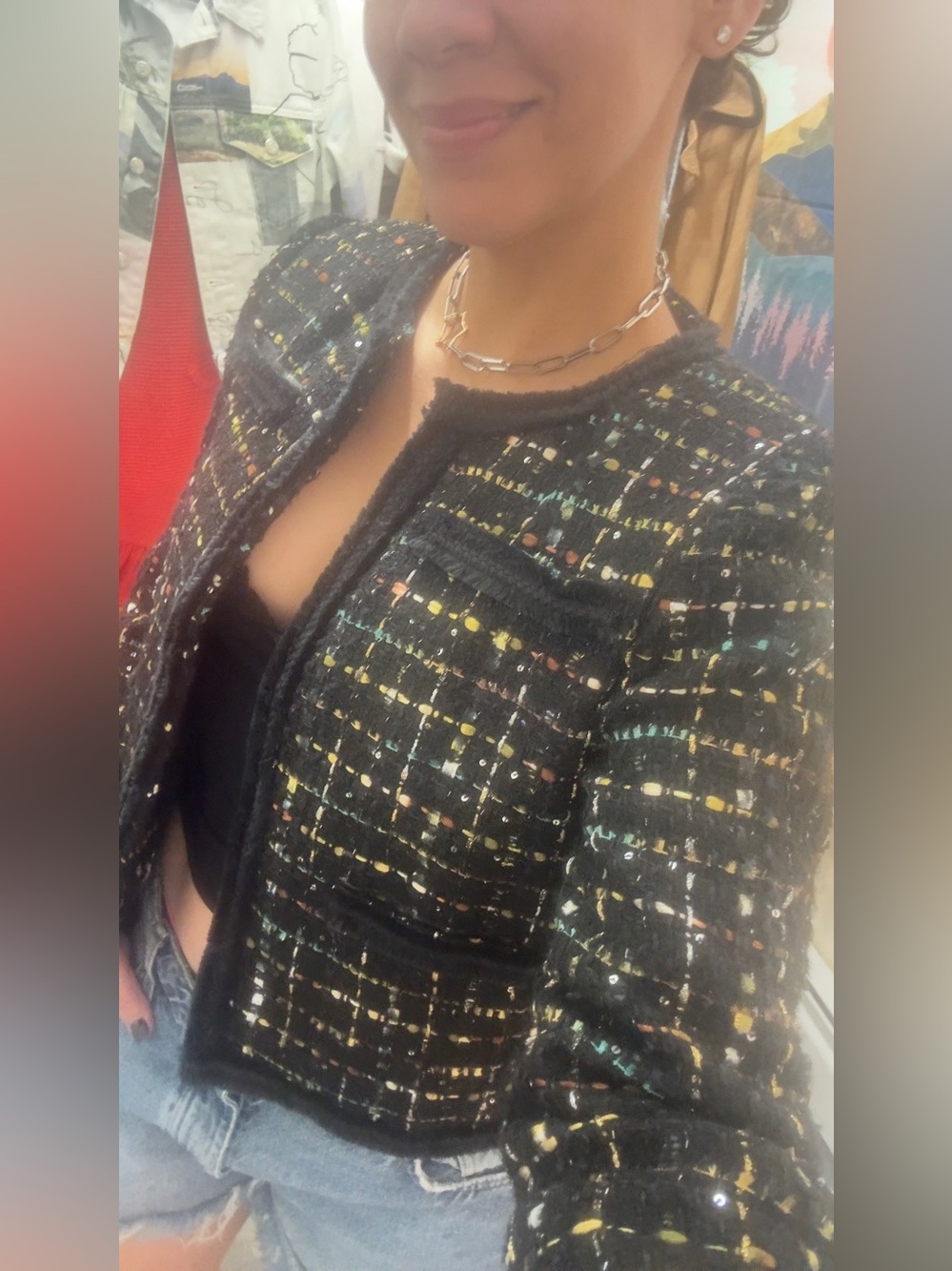 Tahari Black Tweed Crop Jacket with Multicolor Thread Small